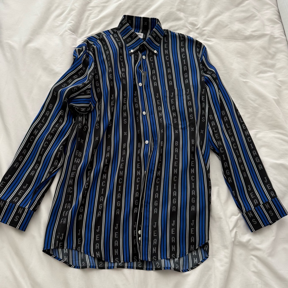 Balenciaga Men's Black and Blue Logo Stripe Shirt